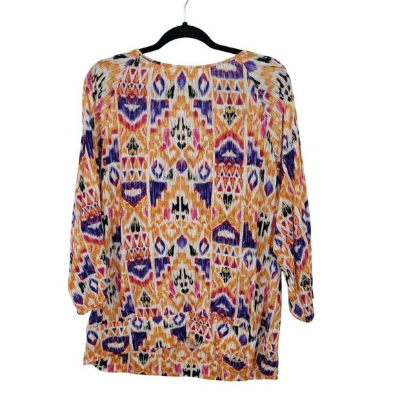 Chicos Multicolor 3/4 Sleeve Boho Peasant Top Sz 3 Ikat‎ Colorful Tribal Rayon - Picture 2 of 9